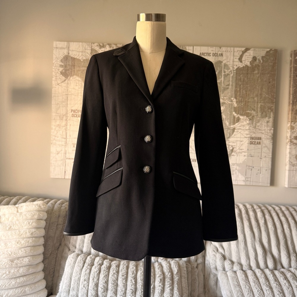 Lauren Ralph Lauren Petite Black Wool Equestrian Blazer Leather Trim 2P